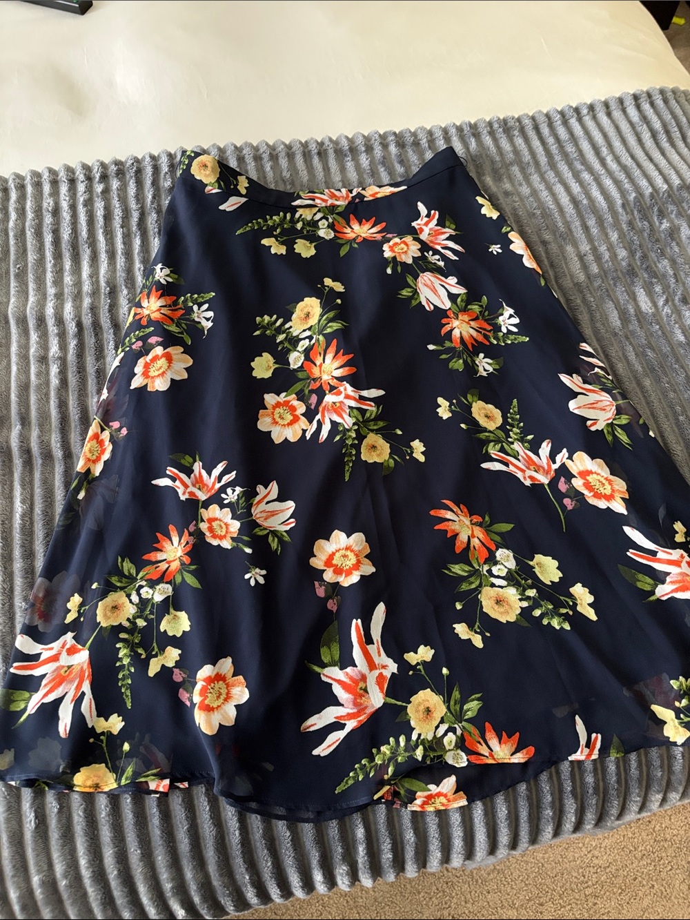 Ann Taylor Factory Navy Floral Midi Skirt with Orange and Yellow Flowers